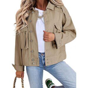 Women's Cropped Cargo Jean Jacket Spring Fashion Button Raw Hem
